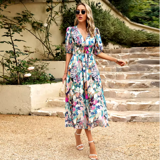 V-Neck Printed Beach Maxi Dress