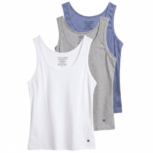 Three tank tops in white, gray, and blue on a white background