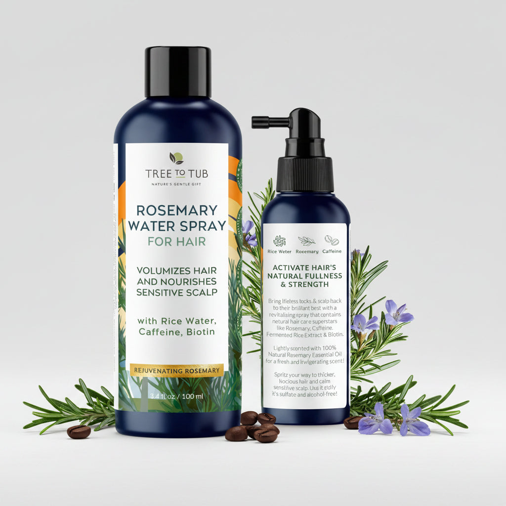 Zenvia Beauty Tree To Tub Rosemary Water Spray for hair growth, featuring a clear spray bottle with rosemary-infused water.