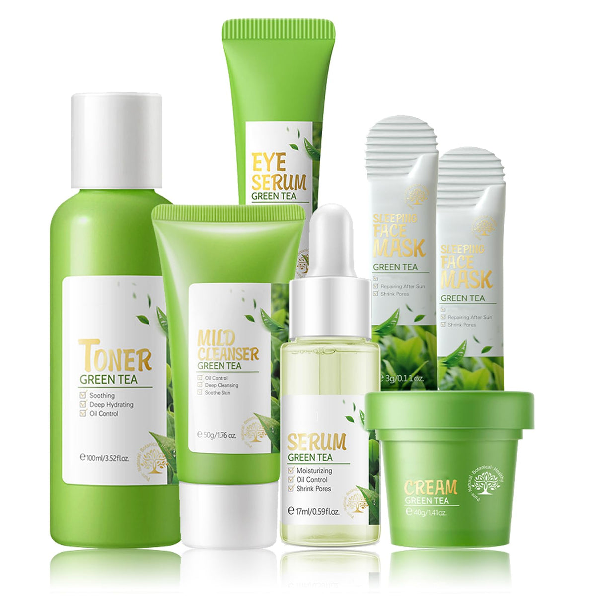 Zenvia Beauty Green Tea Skincare gift set with green tea-infused creams and serums, arranged in a stylish gift box.