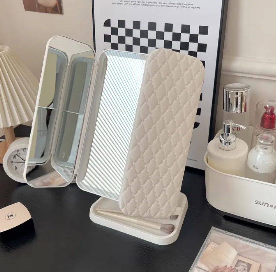 VividAura LED Desk Mirror from Zenvia Beauty's FoldBright Series, featuring a sleek design with adjustable LED lighting.