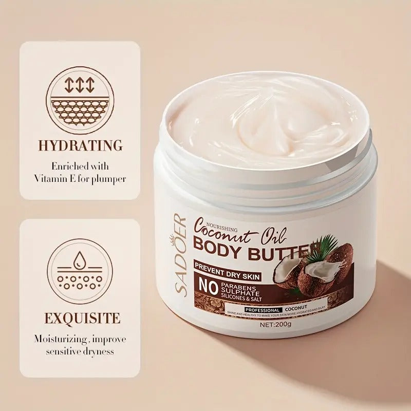 Zenvia Beauty coconut body butter jar with creamy texture and label, showcasing a natural skincare product for smooth skin.