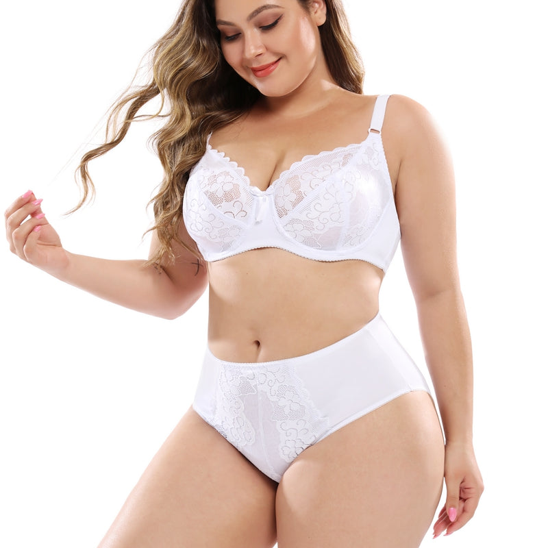 Plus size lace bra set by Zenvia Beauty featuring a delicate lace design and supportive fit, displayed on a model.