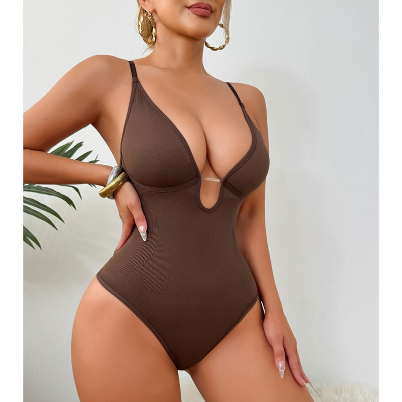 Zenvia Beauty Deep V shapewear bodysuit shown on a model, smooths and contours the body for a seamless look.
