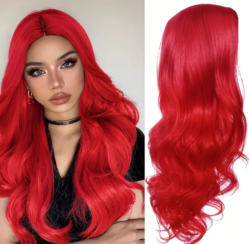 Long curly middle part wig by Zenvia Beauty showcasing shiny, voluminous hair with defined curls and a middle parting.