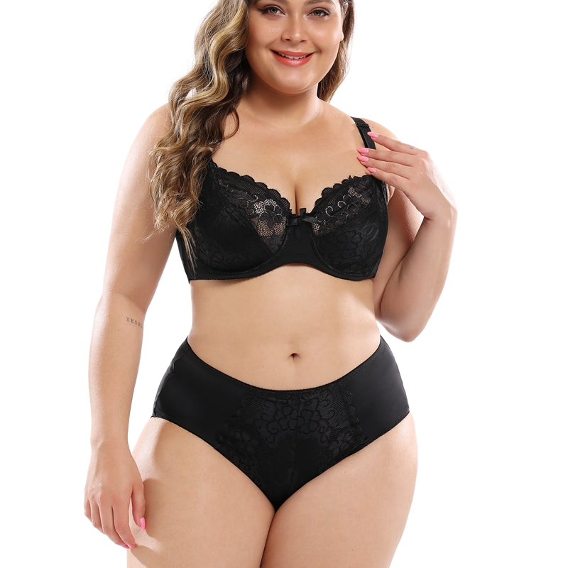 Plus size lace bra set by Zenvia Beauty featuring a delicate lace design and supportive fit, shown on a model.