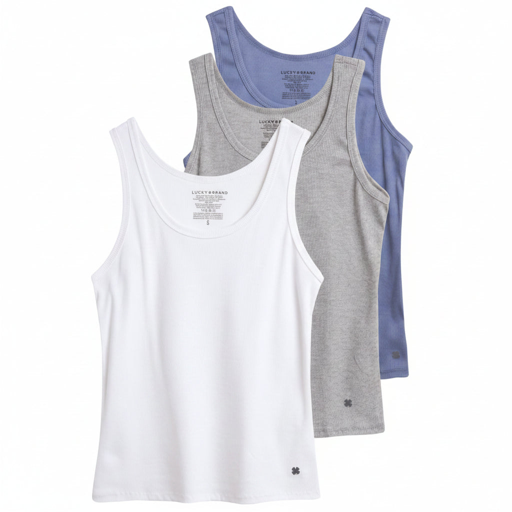 Zenvia Beauty Lucky Brand ribbed tank top in neutral color, close-up of fabric texture and neckline detail.