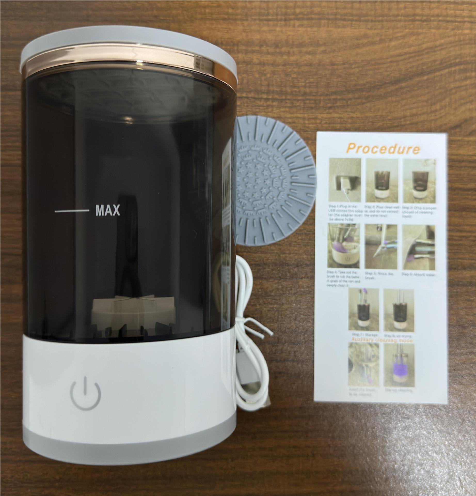 Zenvia Beauty electric makeup brush cleaner with brush attachments and control dial for efficient cleaning.