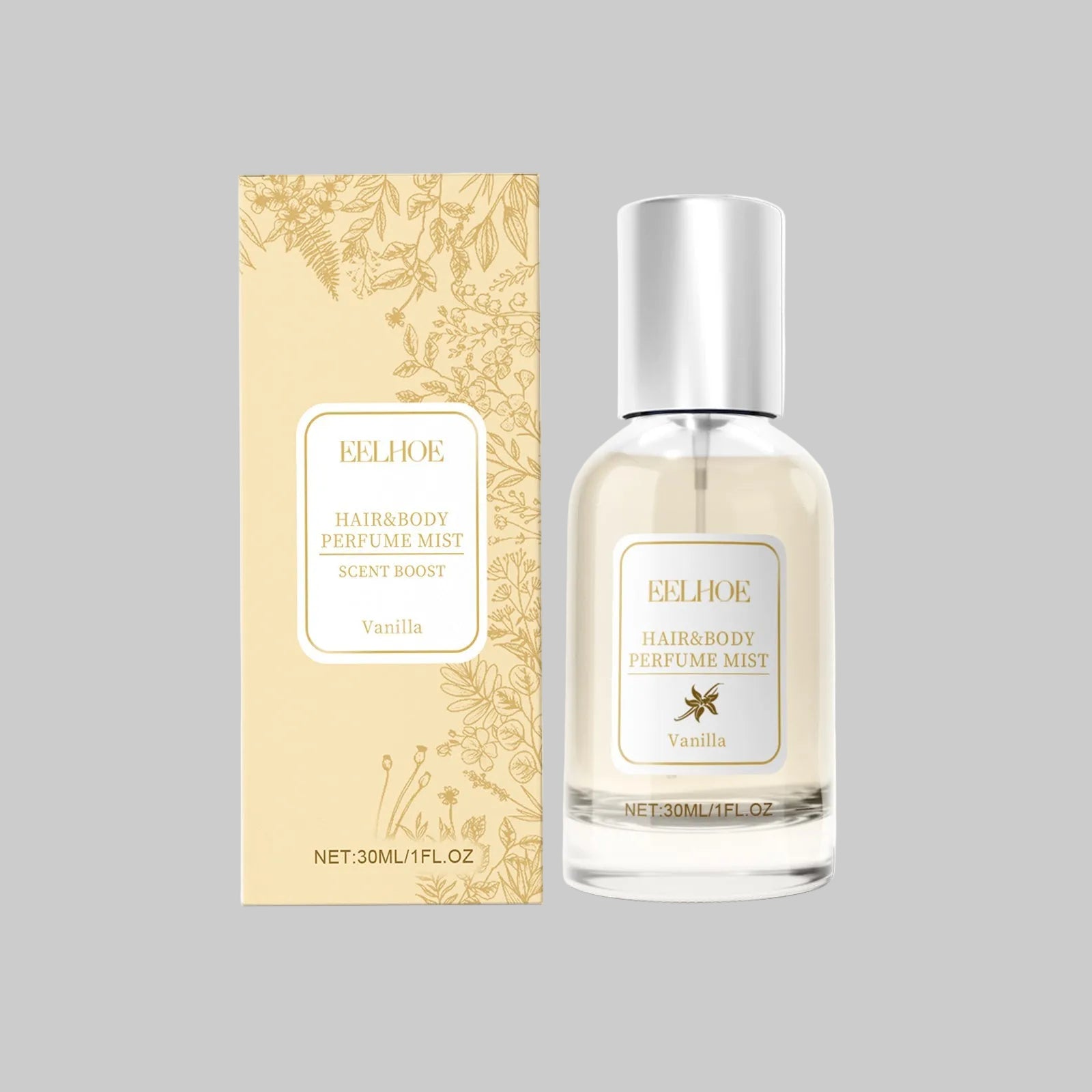 EELHOE Vanilla Body Hair Perfume by Zenvia Beauty, showing the elegant bottle with a vanilla scent, on a neutral background.