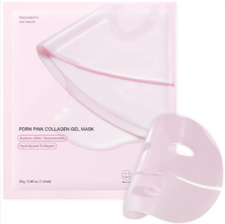 Zenvia Beauty hydrating collagen face mask on a woman’s face, showing a smooth, moist sheet mask for skincare hydration.