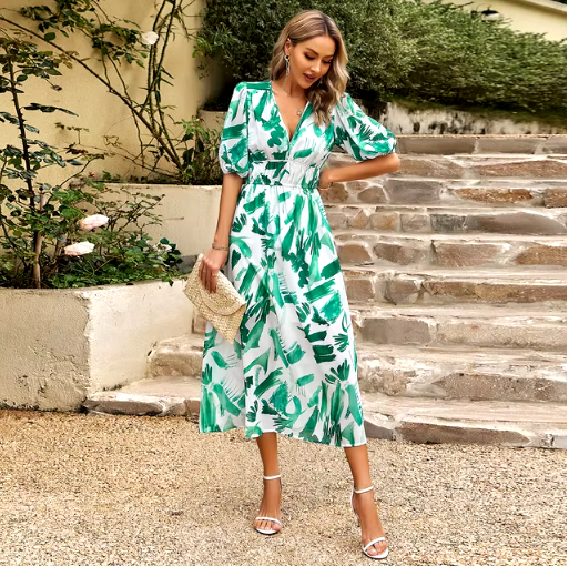V-Neck Printed Beach Maxi Dress