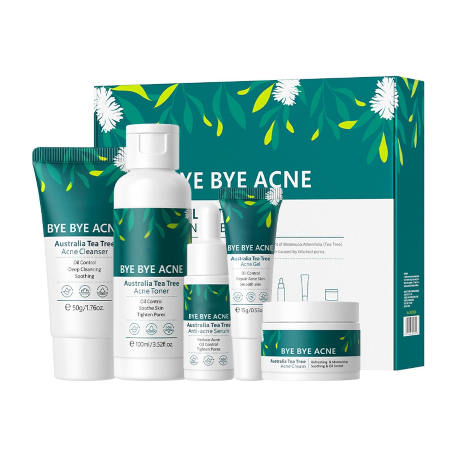 Zenvia Beauty Tea Tree Acne Care Set with cleanser, toner, and treatment bottles on a white background.