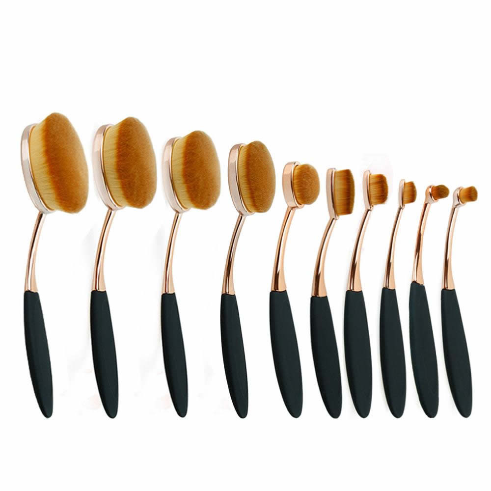 Set of 10 Zenvia Beauty oval brushes with wooden handles and synthetic bristles for professional makeup application.