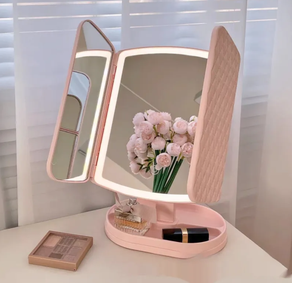 VividAura LED desk mirror from Zenvia Beauty FoldBright series with adjustable brightness and sleek modern design.