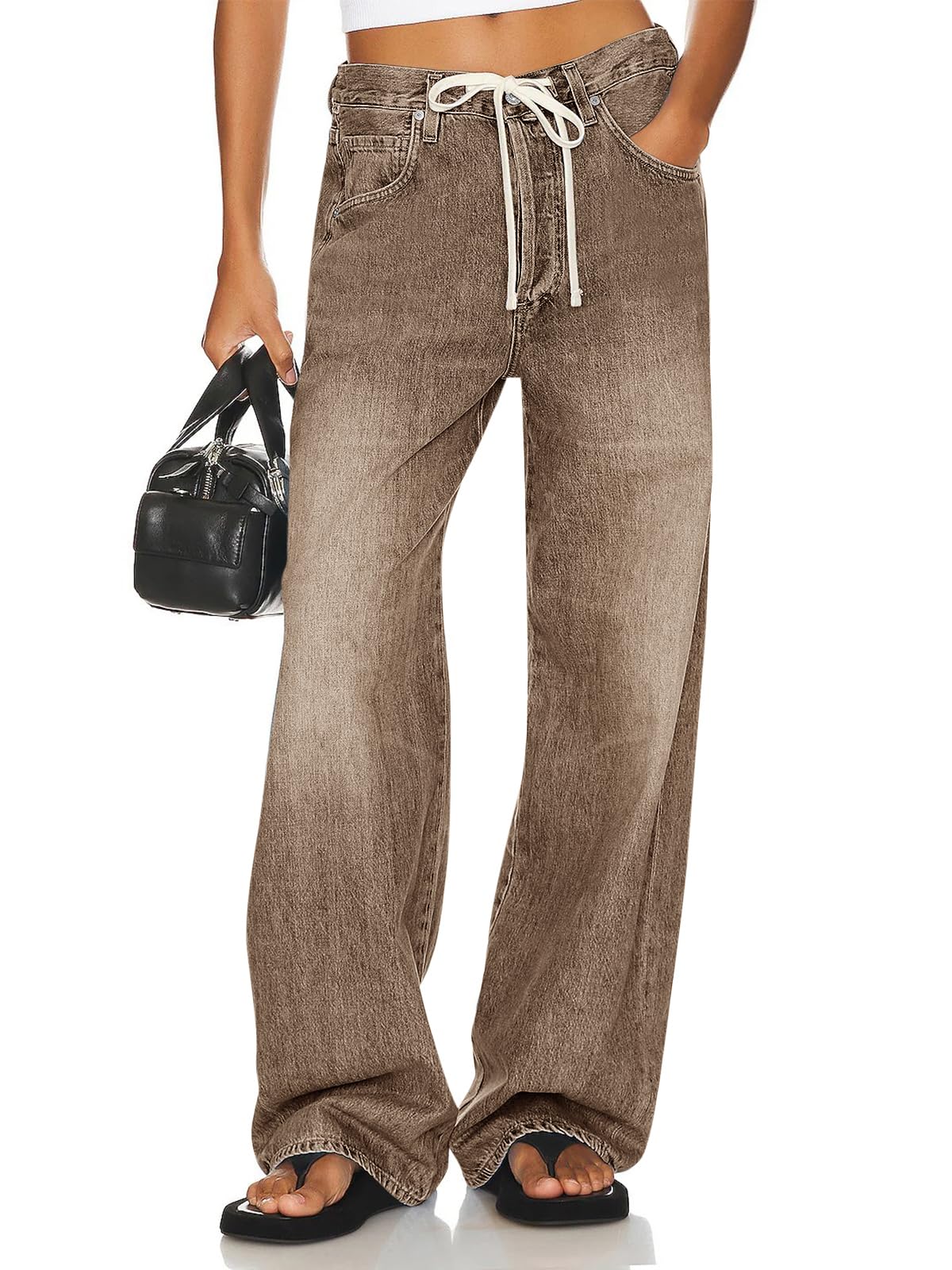 PLNOTME Womens Baggy Wide Leg Jeans Boyfriend Drawstring High Waisted Mom Denim Pants with Pockets Brown — product view 2