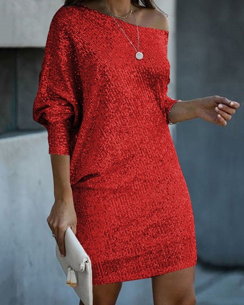 Women's Beaded One-Shoulder V-Neck Dress