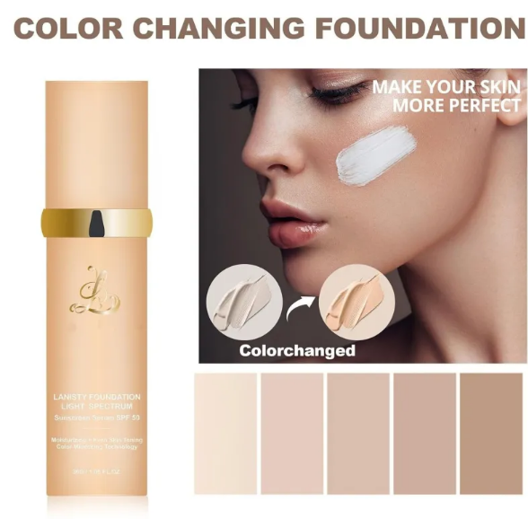 Color-changing concealer foundation by Zenvia Beauty displayed in a sleek tube with swatches showing its blending and color-shifting features.