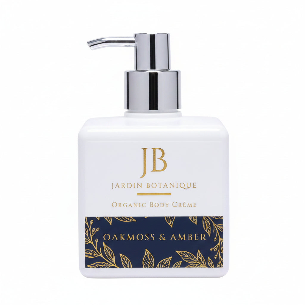 Zenvia Beauty Oak Moss & Amber Body Crème in 8 oz bottle, creamy texture with moss and amber fragrance, on a neutral background.