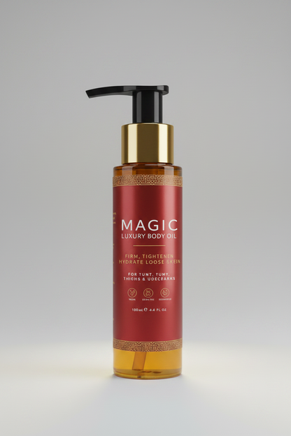 Luxury body oil bottle with pump on a white background