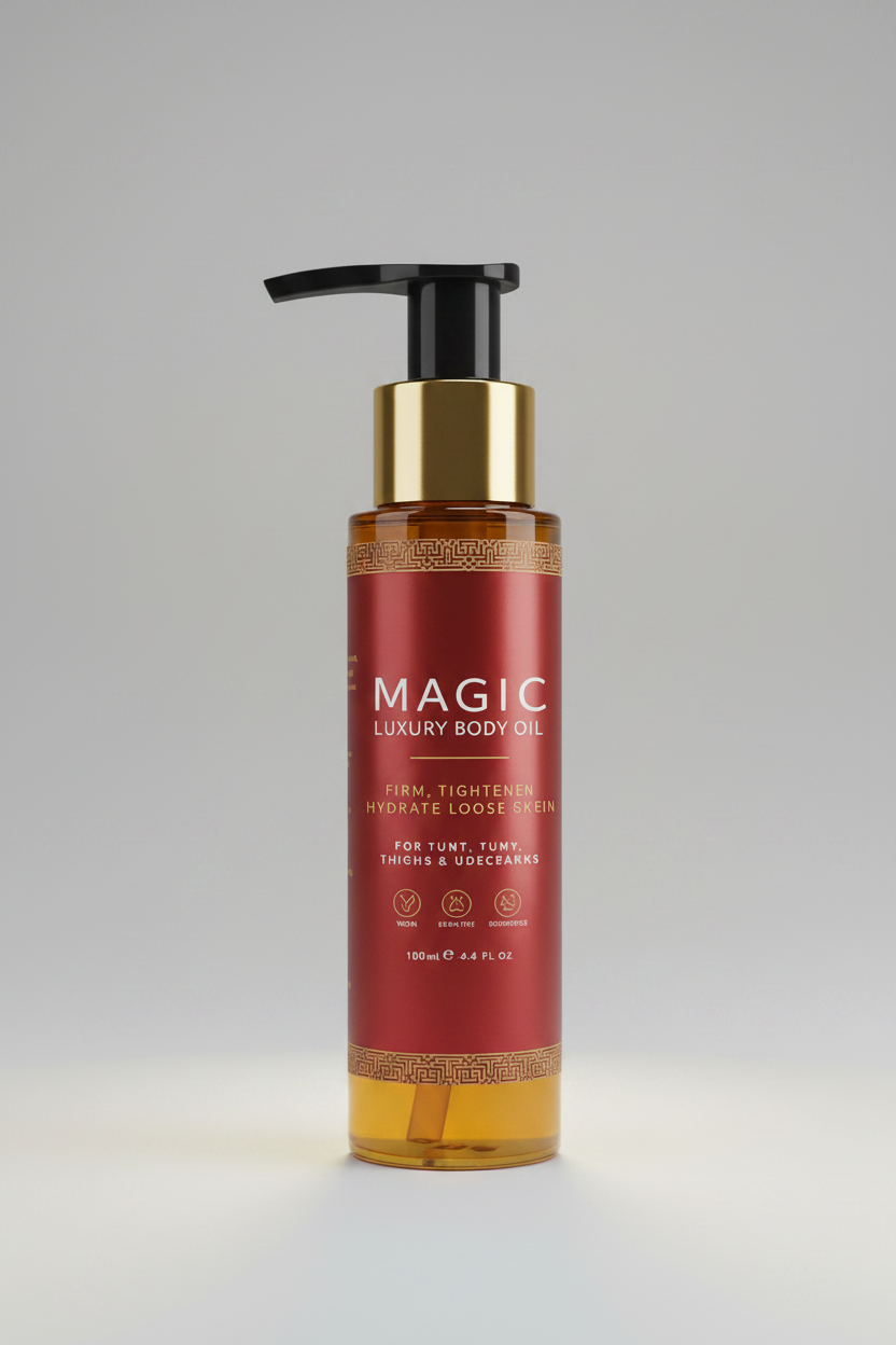 Zenvia Beauty Magic Body Oil Glow bottle with a sleek design and golden accents, showcasing the luxurious body oil product.