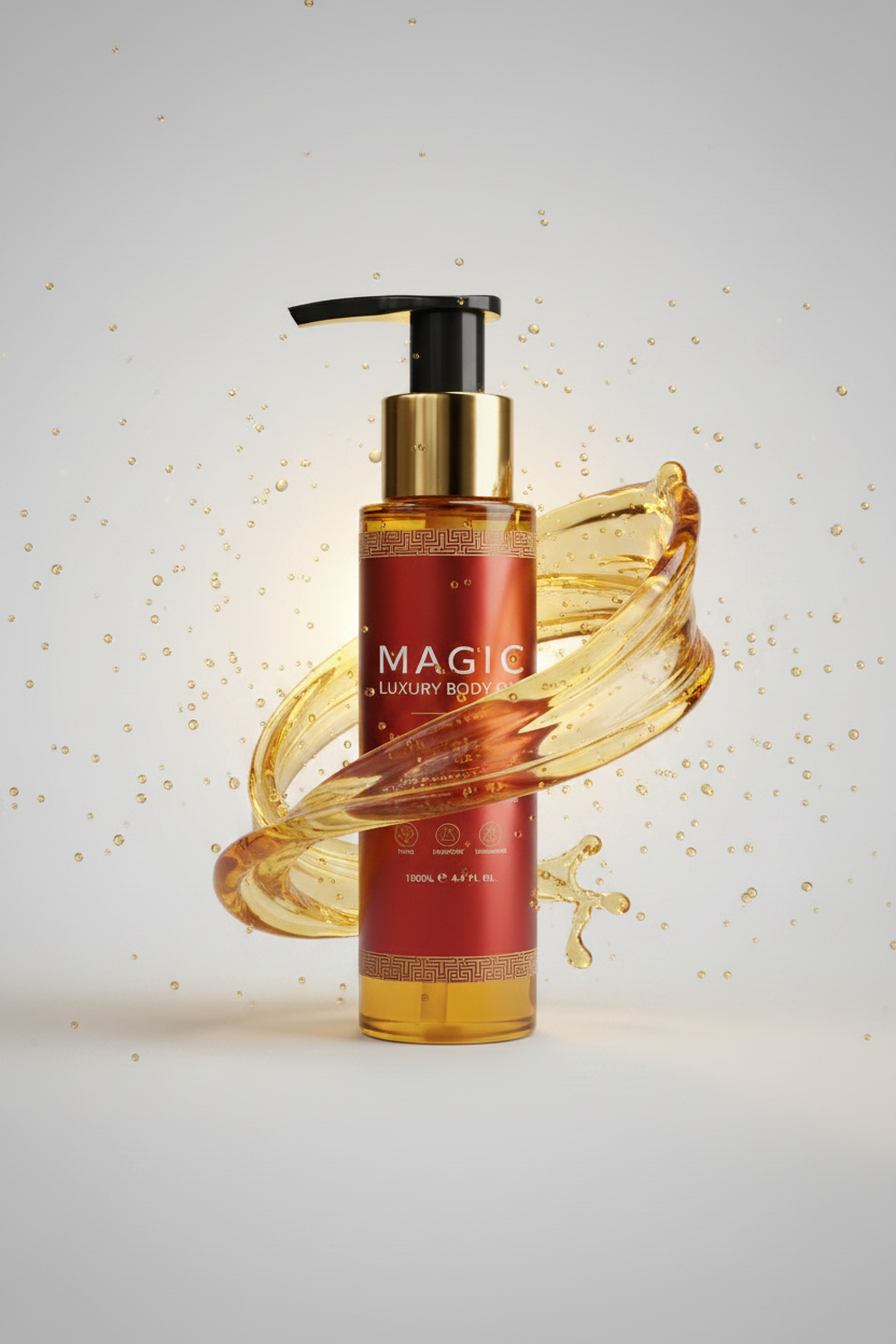 Zenvia Beauty Magic Body Oil Glow bottle with a clear liquid and elegant label, designed to enhance skin's radiance and hydration.