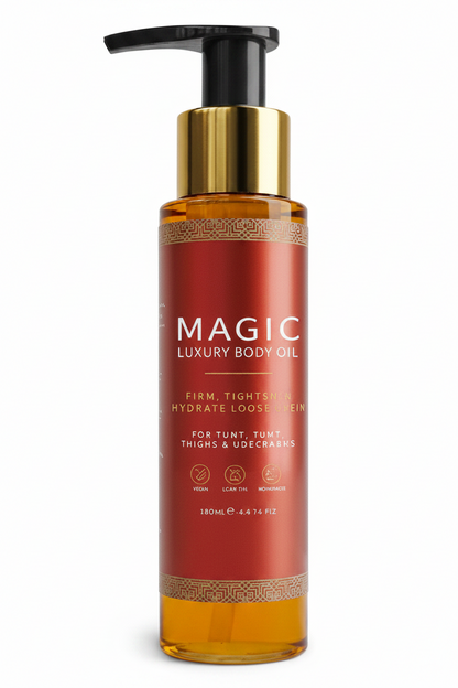 Luxury body oil bottle with pump on a white background