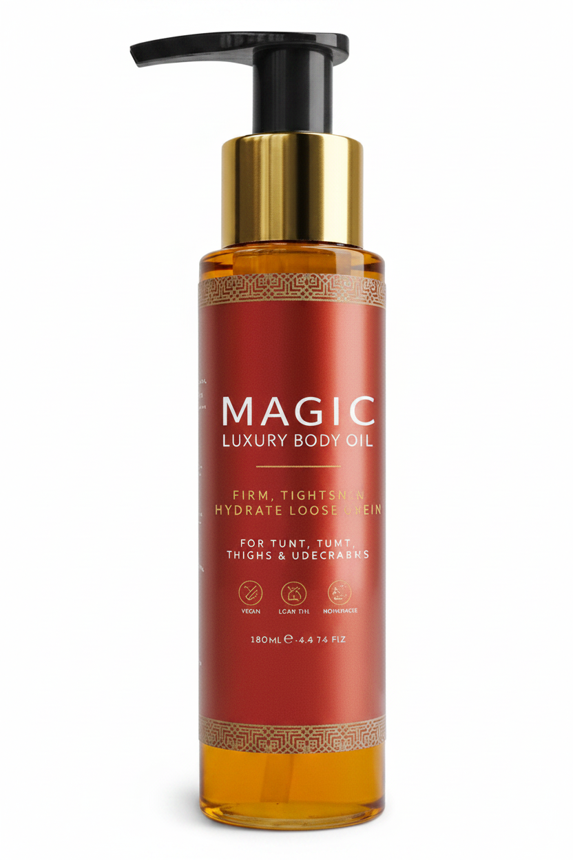 Zenvia Beauty Magic Body Oil Glow bottle with a sleek design and a golden cap, showcasing the luxurious body oil product.