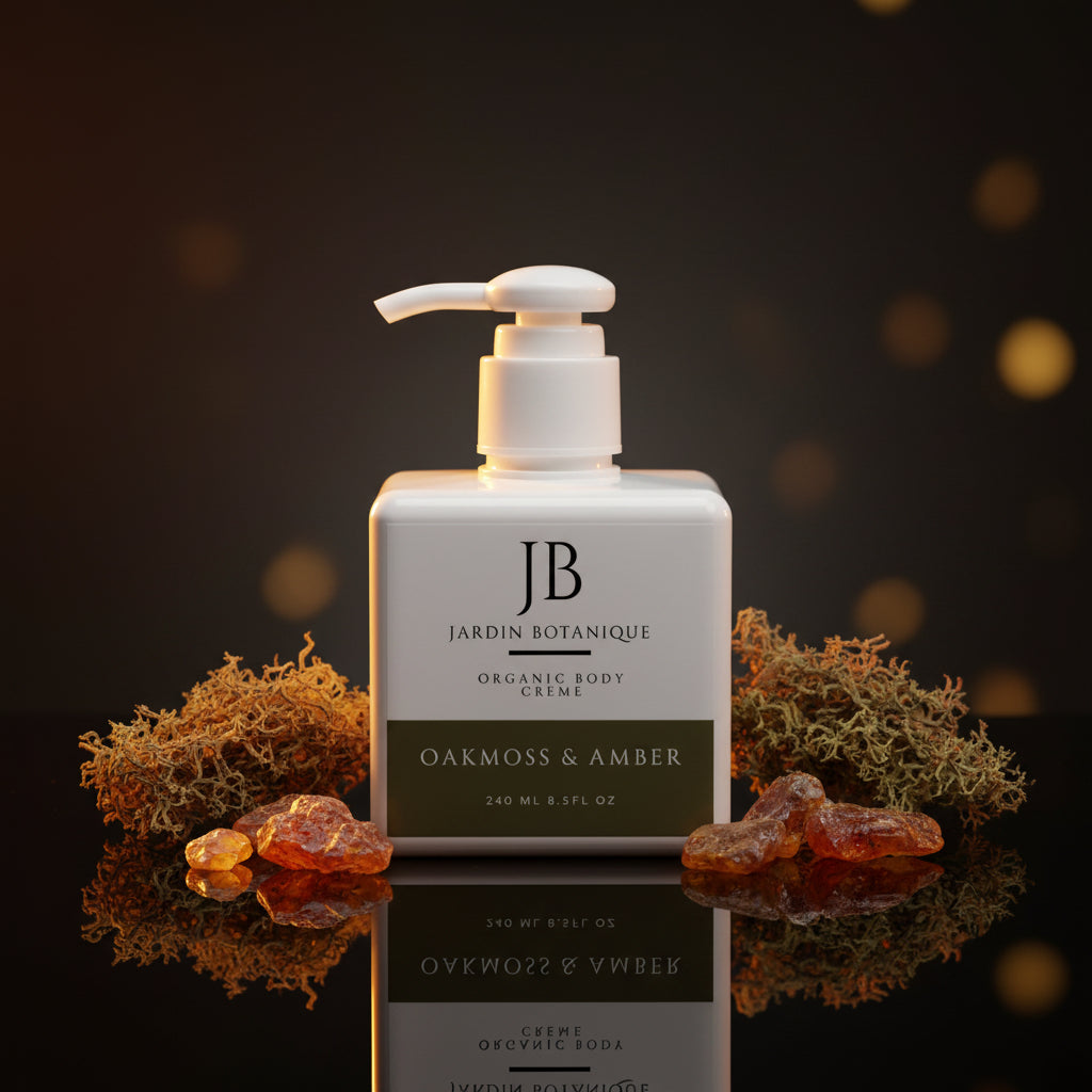 Zenvia Beauty Oak Moss & Amber Body Crème in an 8 oz bottle, featuring a luxurious moisturizer with moss and amber fragrance.