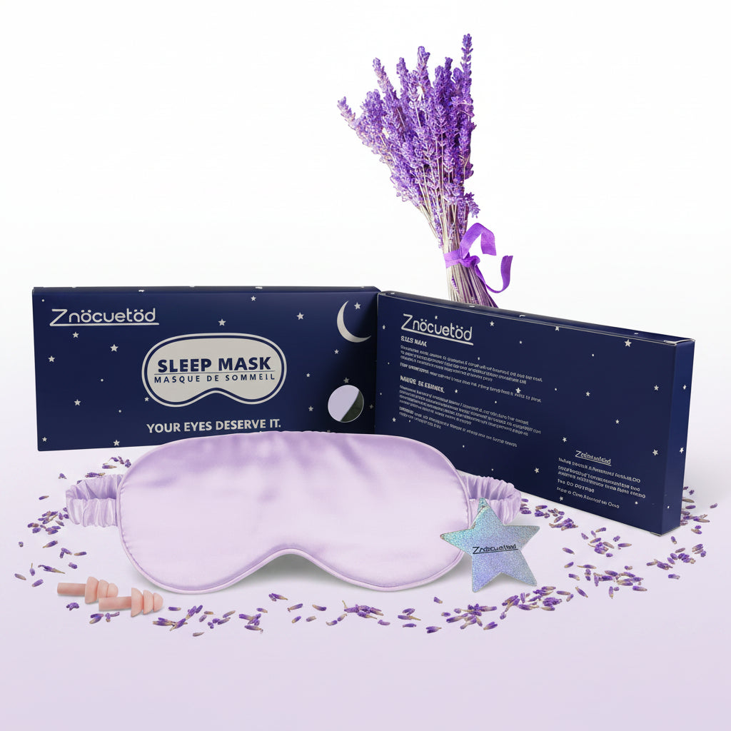 Lavender relaxation sleep mask with adjustable ear plugs, made by Zenvia Beauty, soft fabric for comfortable sleep and calming lavender scent.