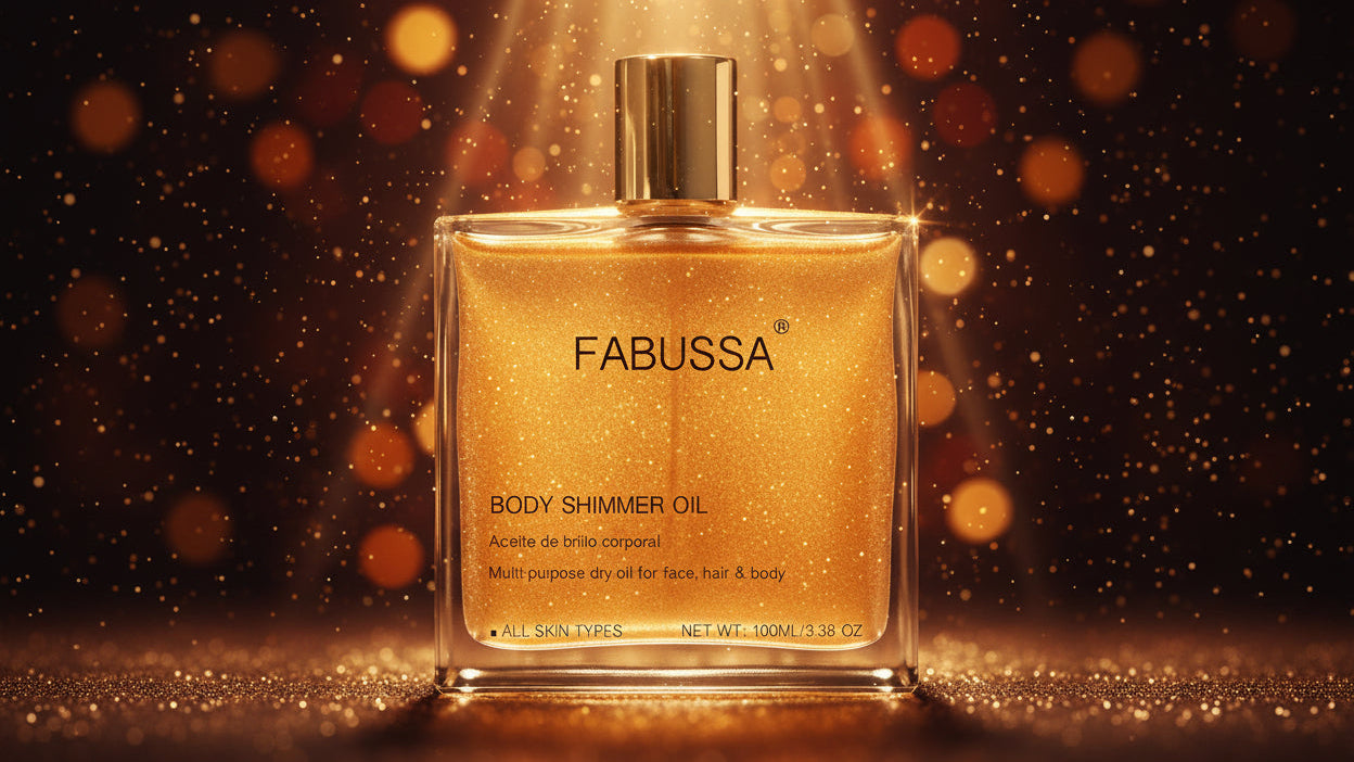 Zenvia Beauty FABUSSA Body Shimmer Oil bottle with golden shimmer, designed to add a radiant glow to the skin.
