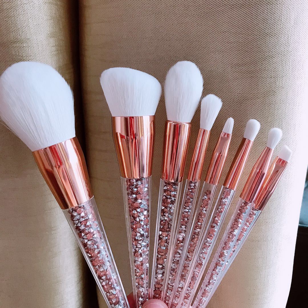 Zenvia Beauty 8-piece makeup brush set with various brushes for foundation, eyeshadow, and blending on a clean surface.