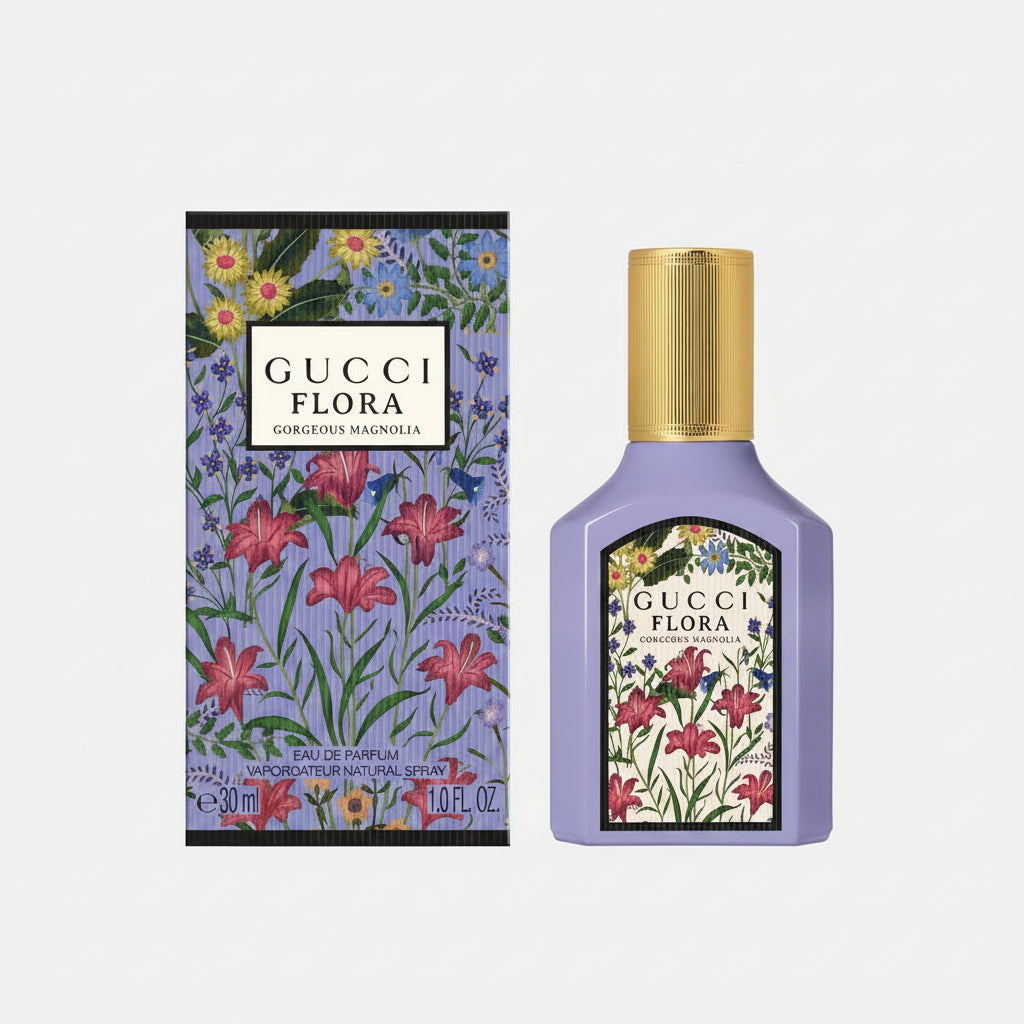 Gucci Flora Gorgeous Magnolia Eau de Parfum bottle with floral design, showcasing elegant packaging and a luxurious fragrance.