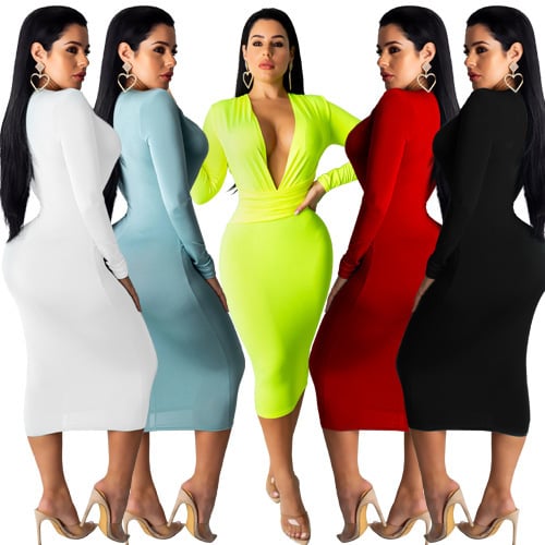 Deep V-Neck Long Sleeve Bodycon Dress