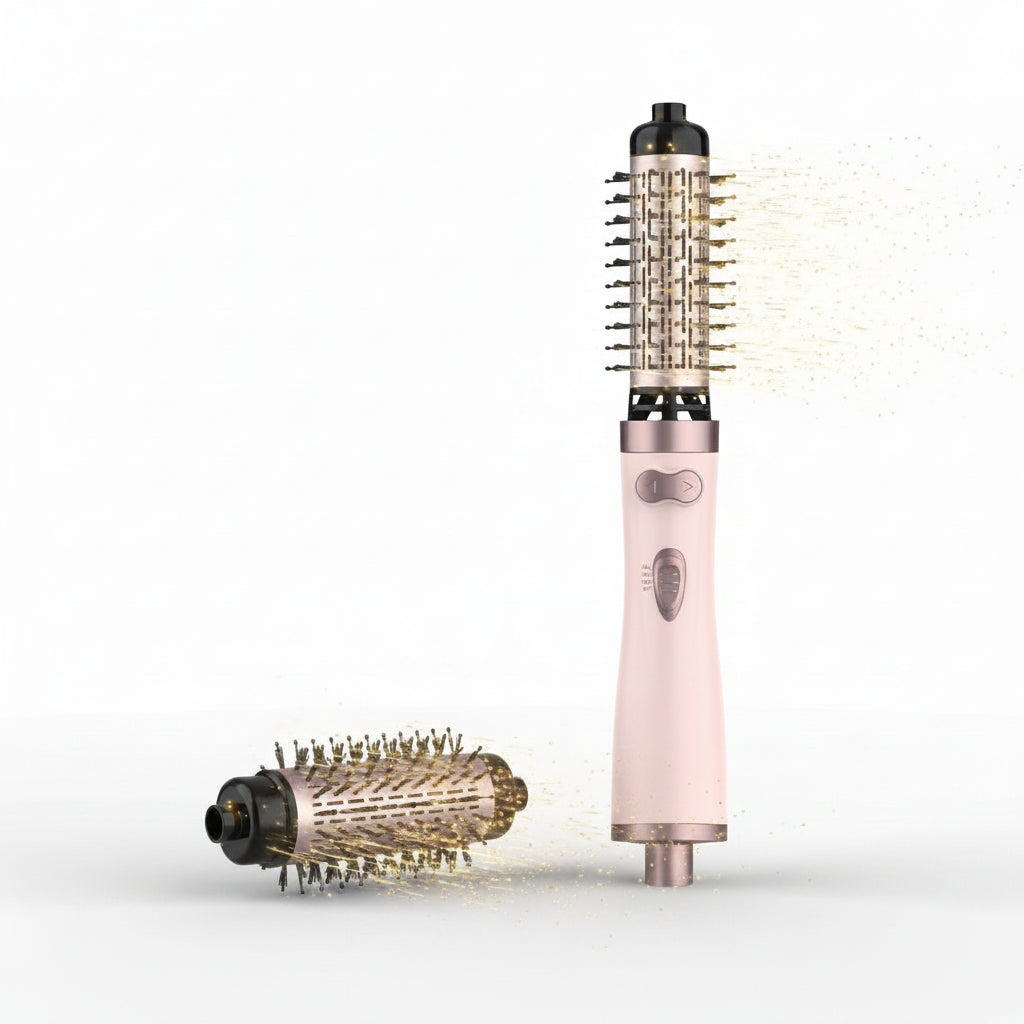 Zenvia Beauty ANWA rotating hair styler with barrel, showcasing smooth, shiny hair results in a close-up shot.
