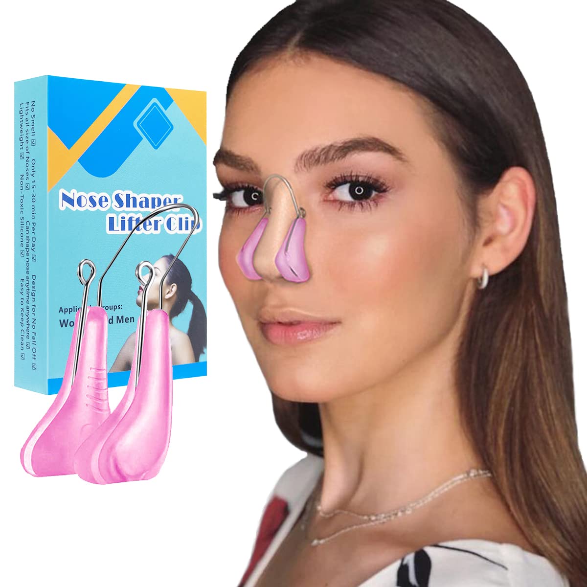 Zenvia Beauty AMIJEAL Nose Shaper Clip applied to nose for shaping and contouring, compact and lightweight design.
