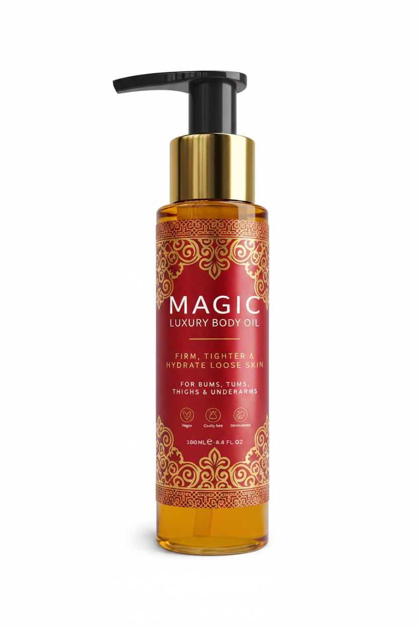 Zenvia Beauty Magic Body Oil Glow bottle with a sleek design, showcasing the luxurious body oil for radiant skin.