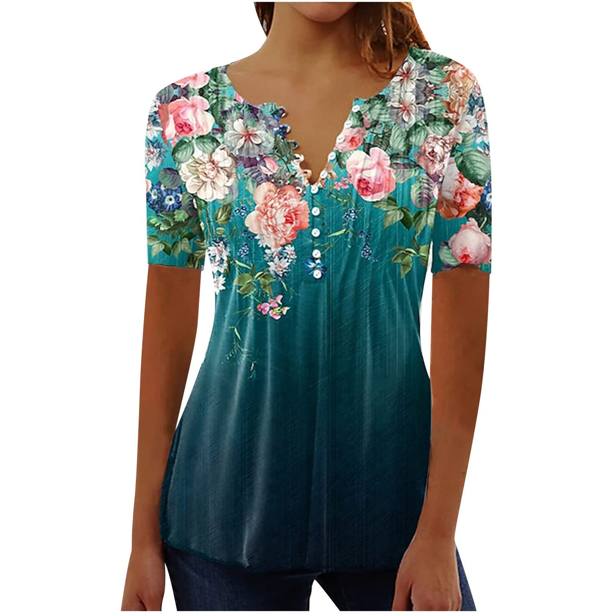 Short Sleeve Summer Tops Vacation Trendy Loose Fit Boho V Neck Tunic Blouse — product view 1