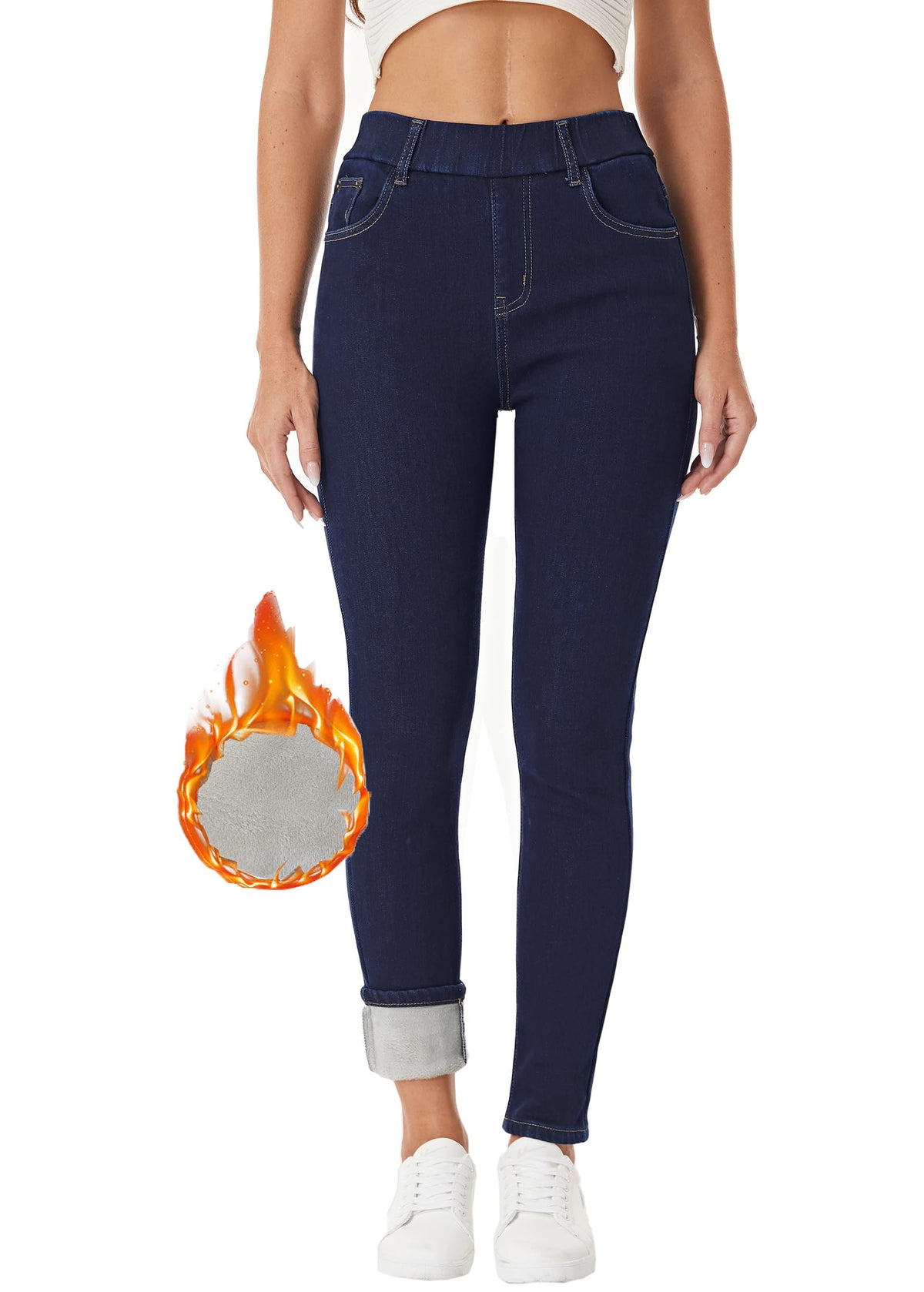 heipeiwa Womens Fleece Lined Winter Thermal Elastic Waist Jeans Stretch Warm Skinny Denim Pants — product view 2