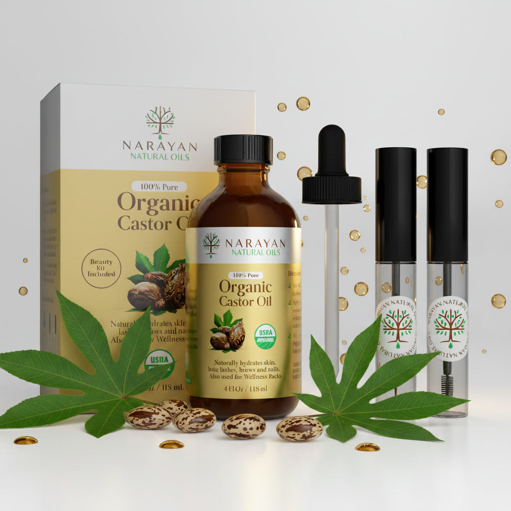 Narayan Organic Castor Oil by Zenvia Beauty in a clear glass bottle with a white cap, displayed on a neutral background.