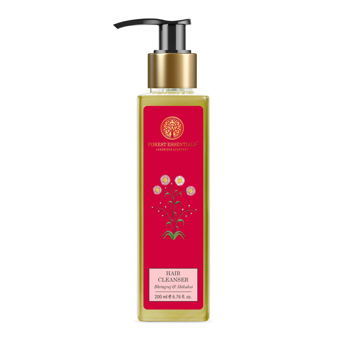 Zenvia Beauty Forest Essentials Bhringraj Hair Cleanser in a pump bottle, showing the product label and packaging details.