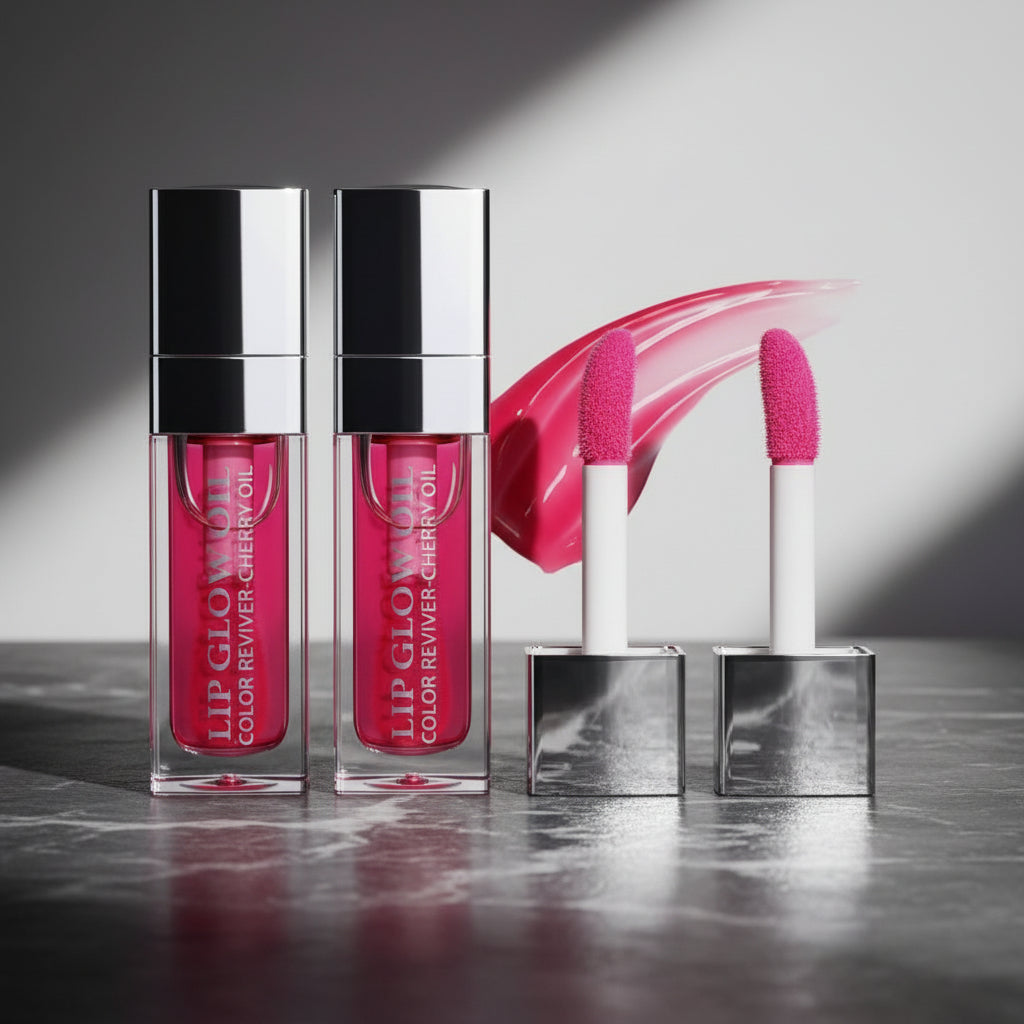 Zenvia Beauty Luvra Hydrating Lip Glow Oil with a clear glass bottle and applicator, showcasing glossy, nourishing lip product.