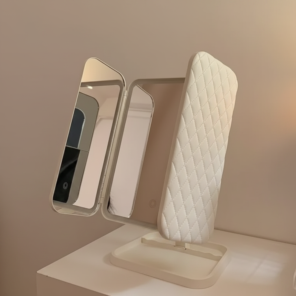 VividAura LED Desk Mirror from Zenvia Beauty FoldBright Series with adjustable lighting and sleek modern design.