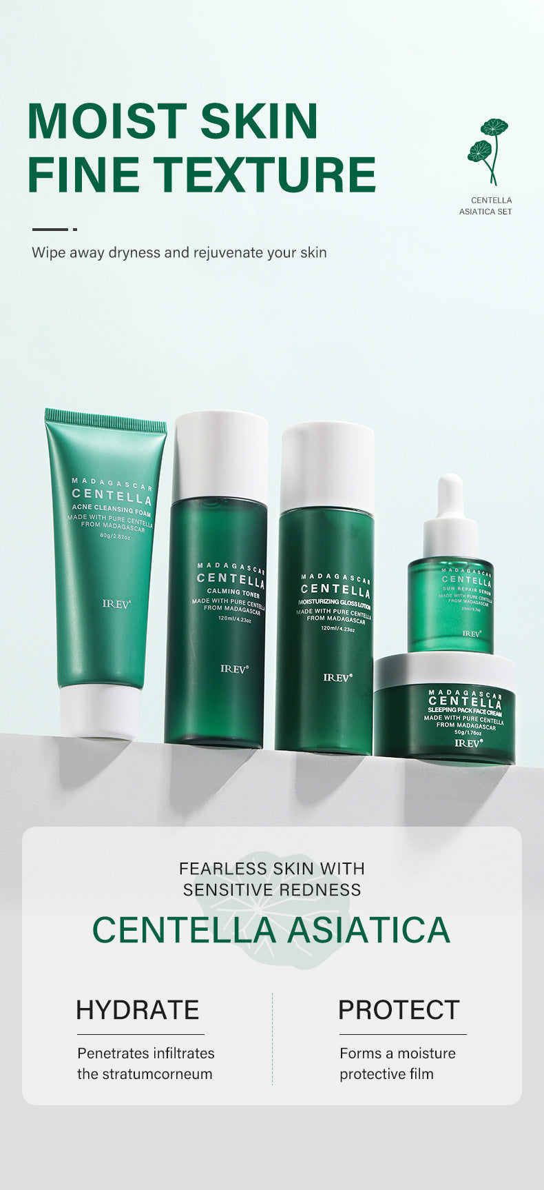 Zenvia Beauty Centella Skin Repair Kit featuring calming skincare products with centella extract for skin healing and soothing.