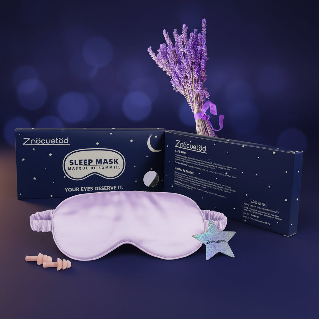 Lavender relaxation sleep mask with ear plugs by Zenvia Beauty, featuring soft fabric and adjustable strap for comfortable sleep.