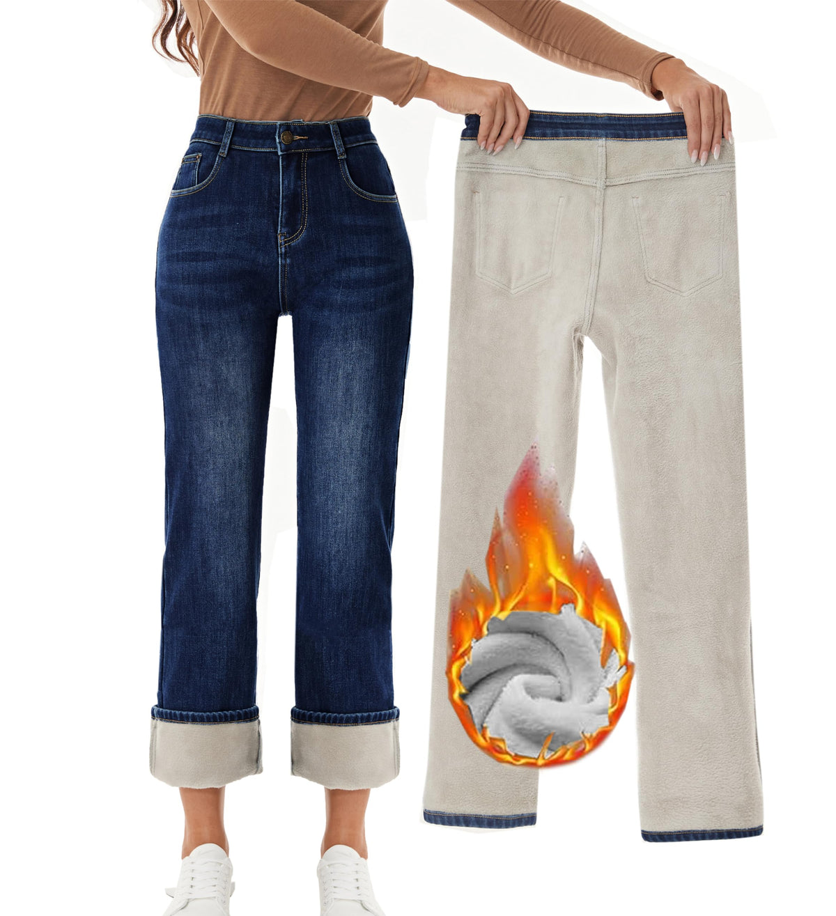 Yehopere Womens Fleece Lined Jeans Straight Leg Wide Jeans Winter Sherpa Flannel Lined Jeans — product view 2