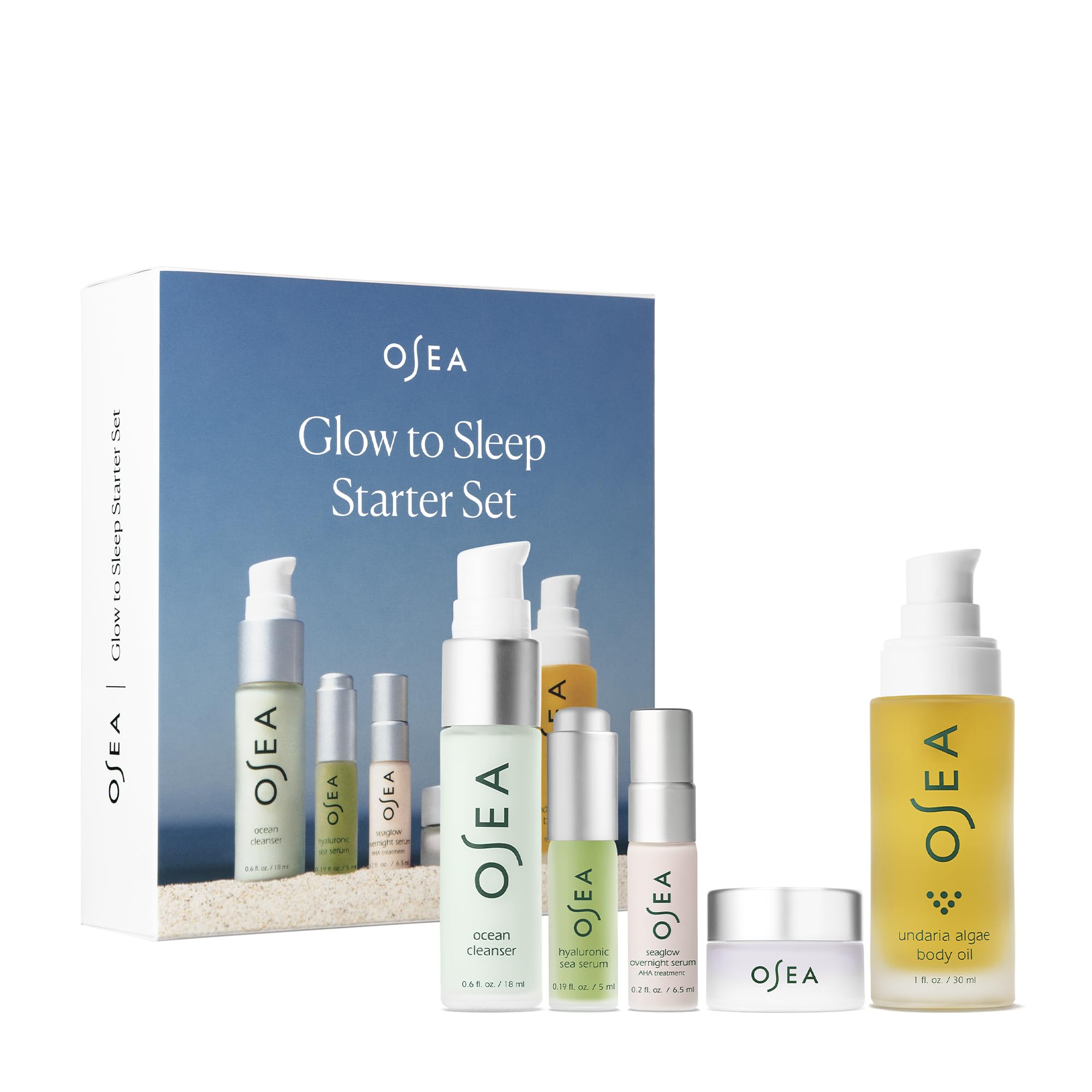 OSEA Glow to Sleep Starter Set - 5-Piece Travel Set - includes Travel Size Night Time Skincare - Ocean Cleanser Hyaluronic Serum Dream Night Cream Seaglow Overnight Serum & Undaria Algae™ Body Oil