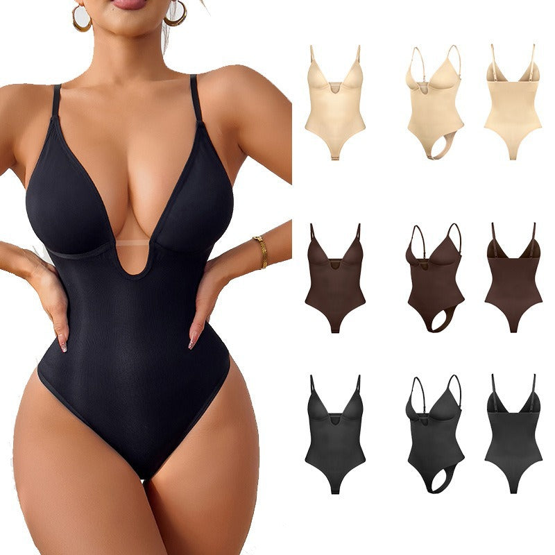 Zenvia Beauty deep V shapewear bodysuit shown on a model, smooths and shapes the waist and torso for a seamless silhouette.