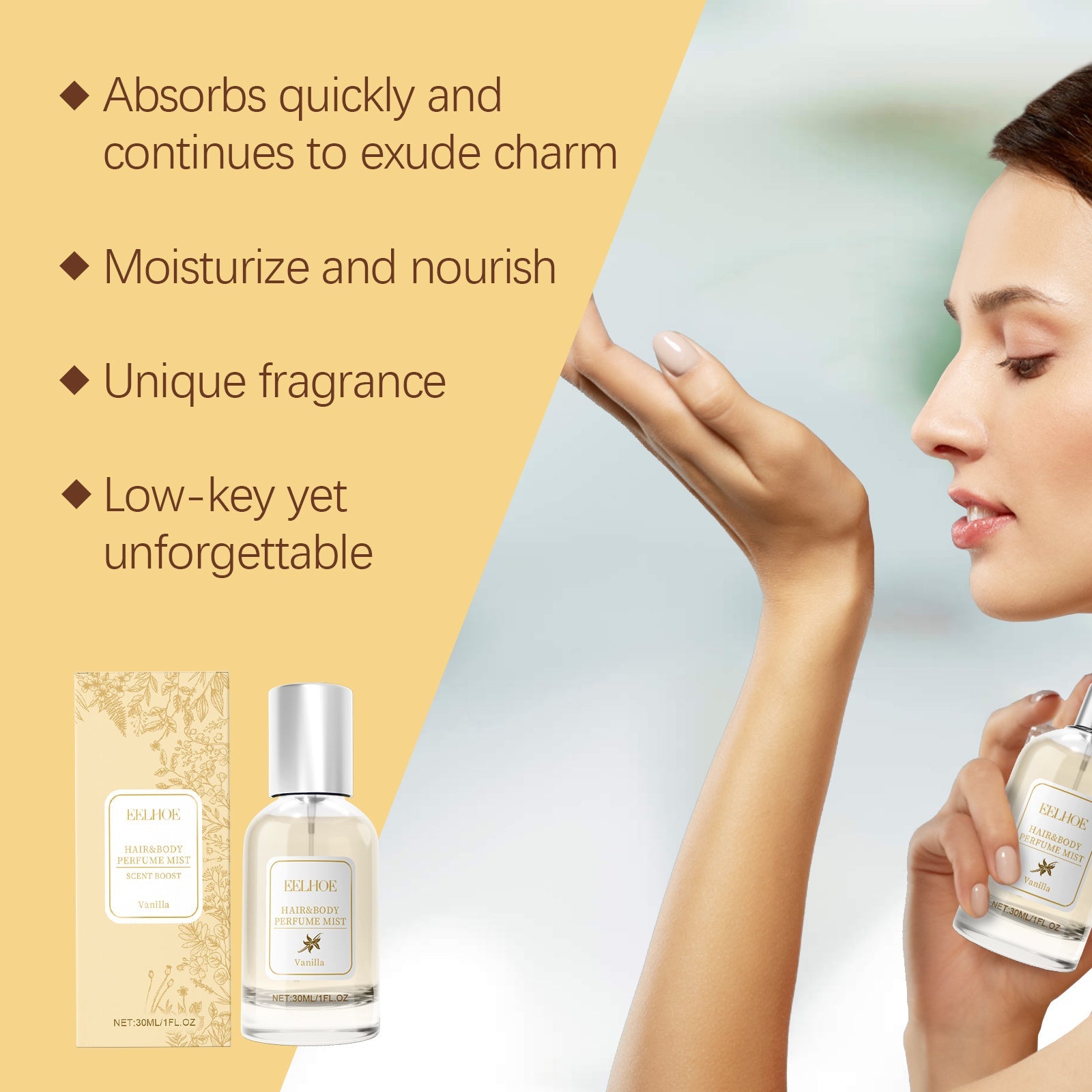 EELHOE Vanilla Body Hair Perfume by Zenvia Beauty, showcasing a sleek bottle of vanilla-scented hair fragrance on a white background.