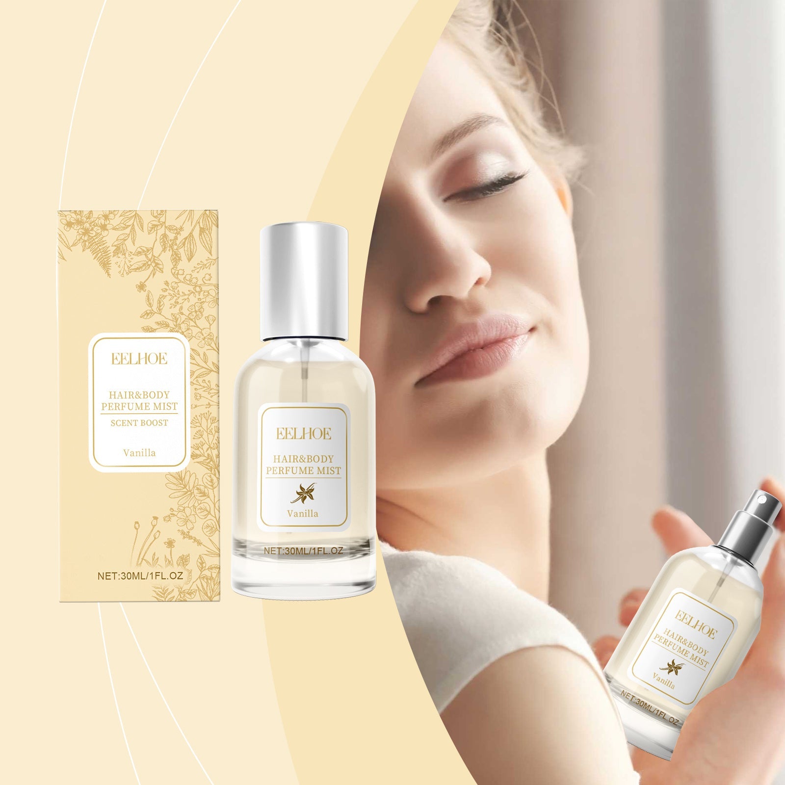 EELHOE Vanilla Body Hair Perfume by Zenvia Beauty, featuring a sleek bottle with vanilla-scented fragrance for body and hair.