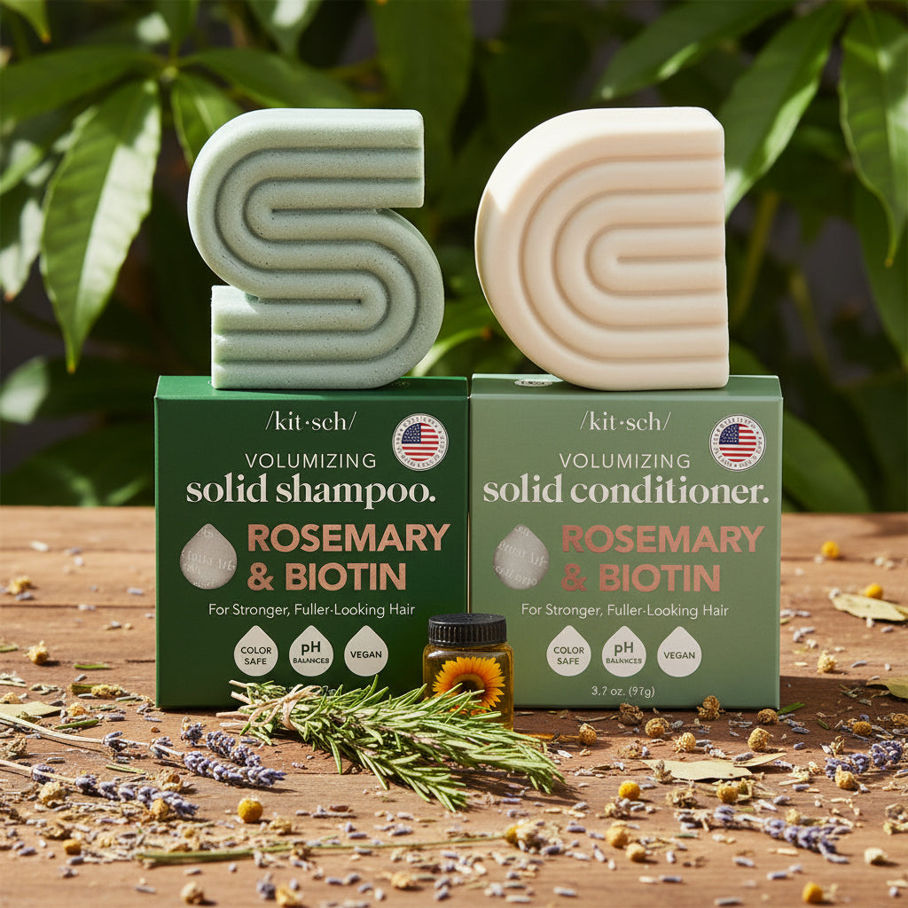 Zenvia Beauty Rosemary and Biotin volumizing shampoo and conditioner set with lush hair and natural plant ingredients.